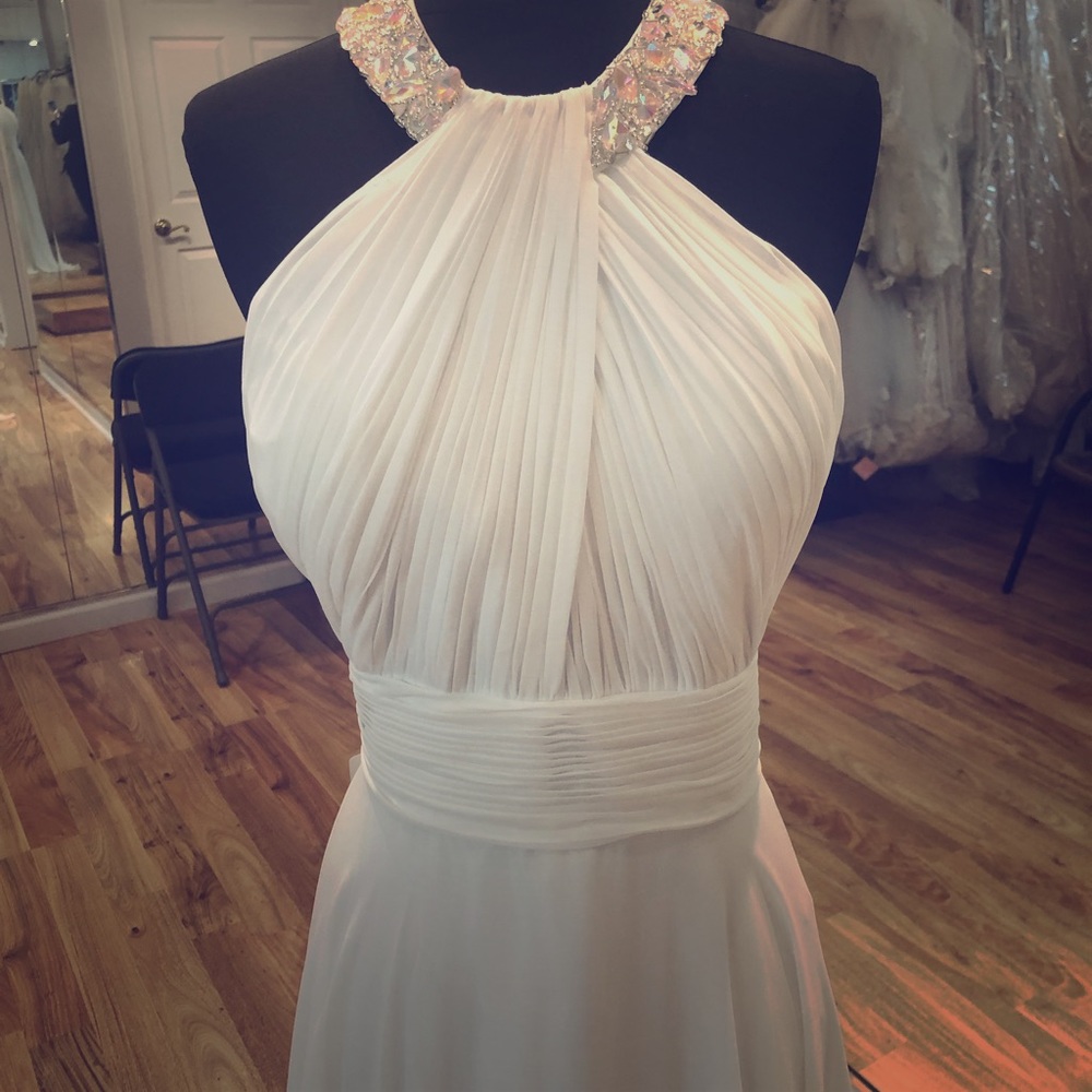 Long halter white dress.
